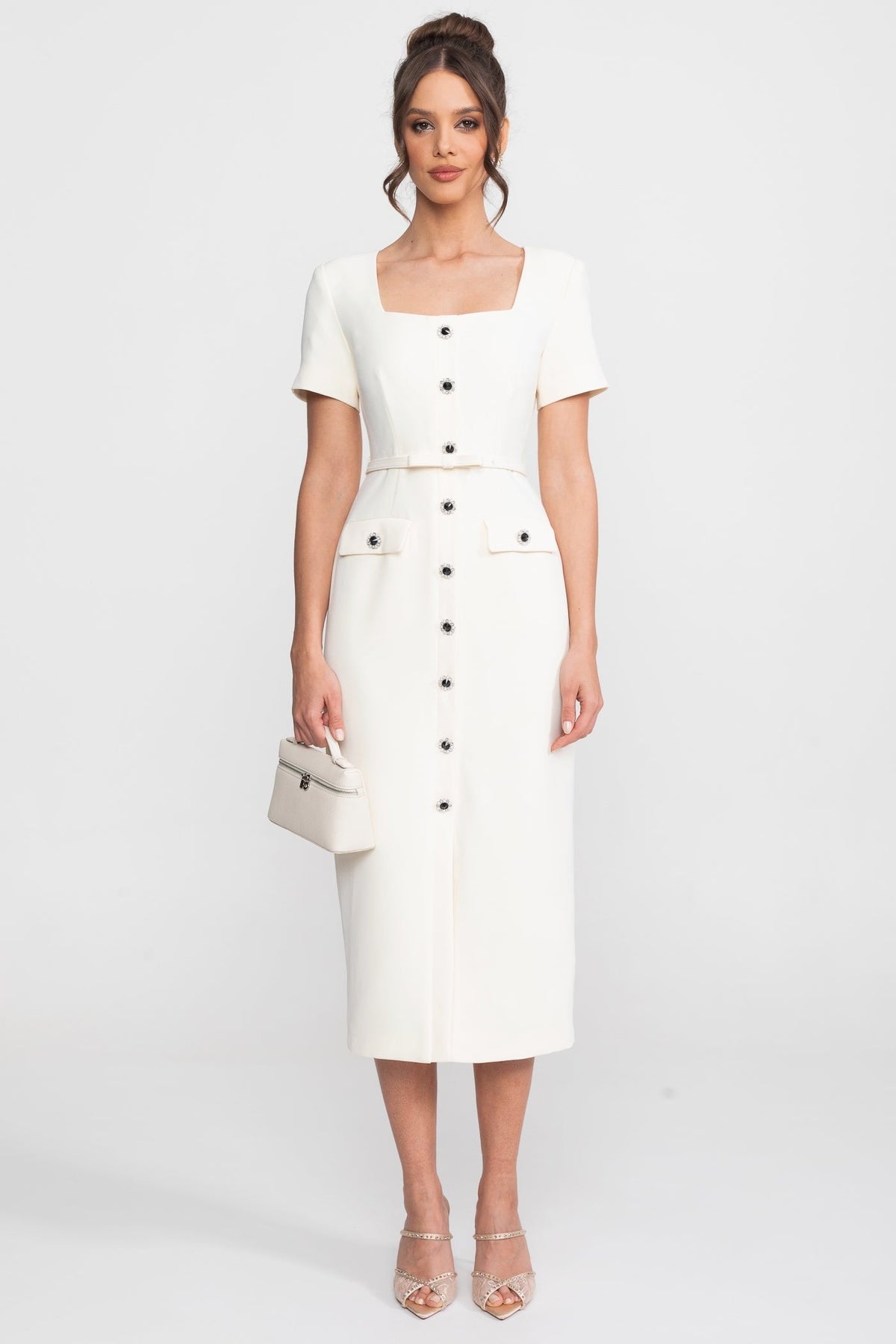 Square Neck Short Sleeve Jewel Button Belted Flap Pocket Midi Dress - View 2
