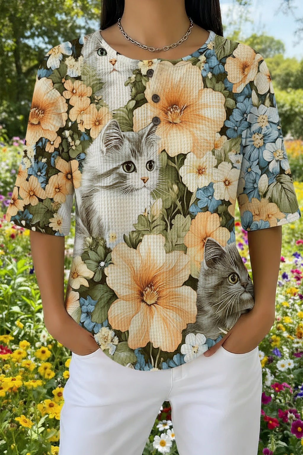 Cat Floral Print Round Neck Short Sleeve Waffle Knit Top