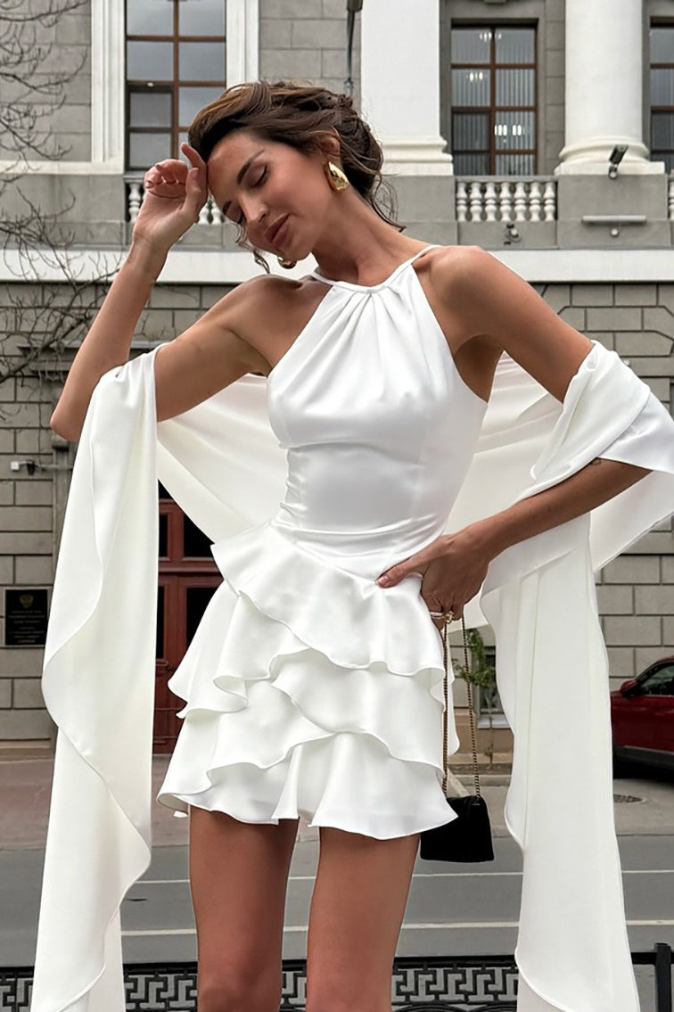 Halter Neck Cape Sleeve Tiered Ruffle Satin Mini Dress