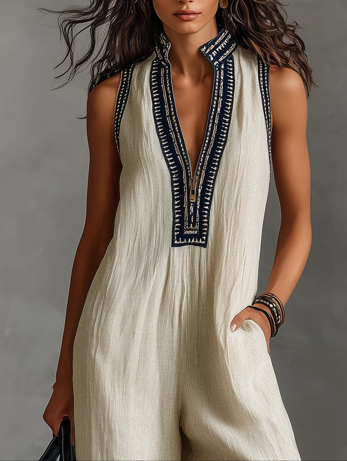 Embroidered V-Neck Sleeveless Zip Front Wide Leg Jumpsuit 4