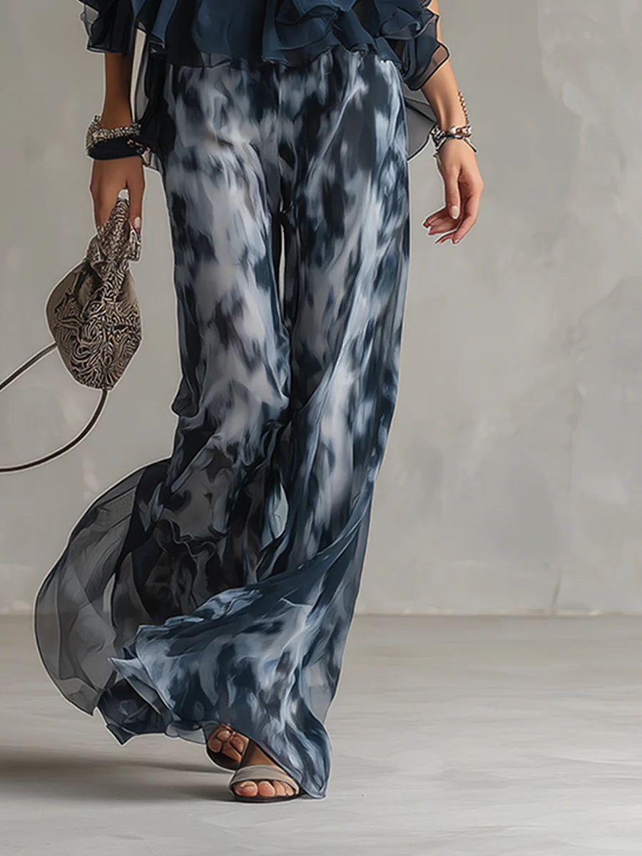 Halter Neck Ruffle Top and Tie Dye Wide Leg Pants Two Piece Set 5