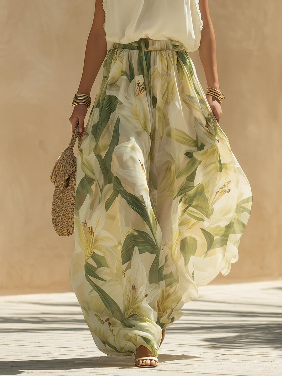 Ruffle Halter Neck Top and Lily Print Wide Leg Pants Two Piece Set 5