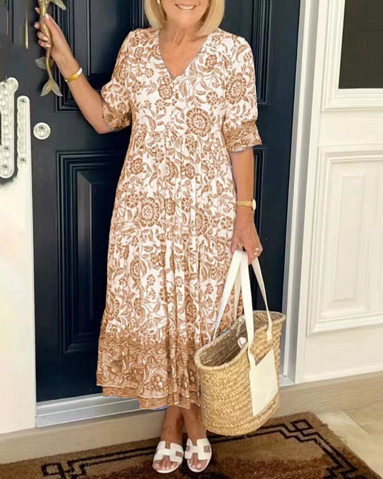 Floral Print V-Neck Button Front Tiered Maxi Dress 3