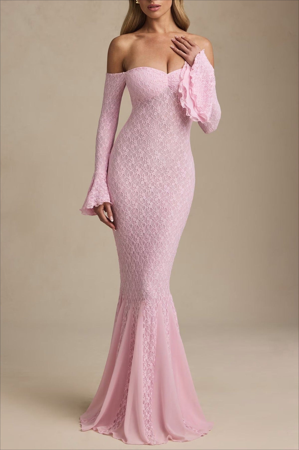 Sequin Off Shoulder Long Sleeve Mermaid Maxi Dress - View 6