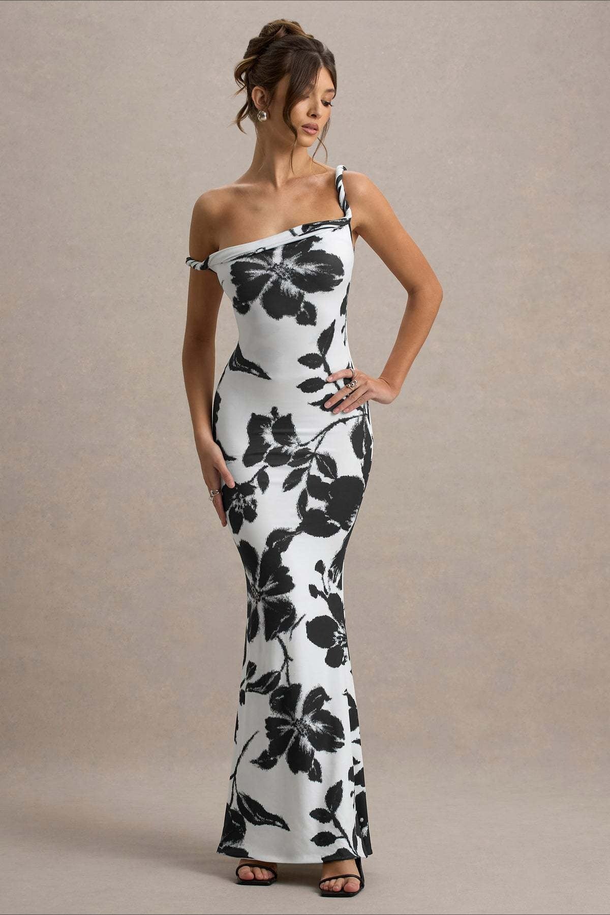 Floral Print One Shoulder Fishtail Bodycon Maxi Dress - View 3