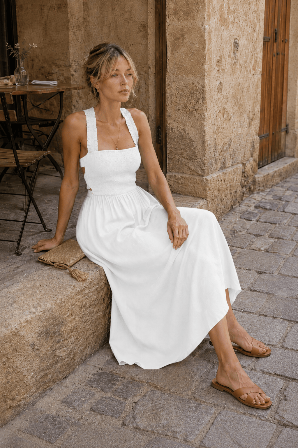Square Neck Smocked Cross Back Sleeveless A-Line Midi Dress 6