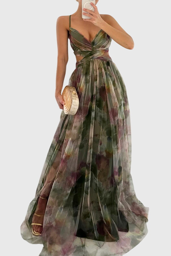 Floral V-Neck Spaghetti Strap Tulle High Split Maxi Gown 4