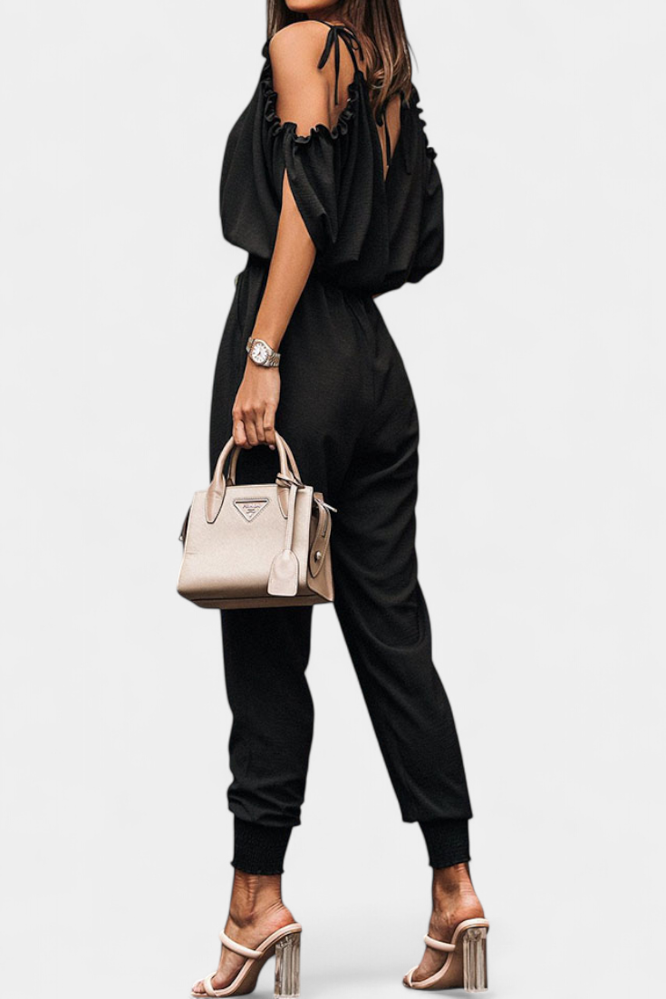 Cold Shoulder Wrap V-Neck Smocked Waist Tapered Jumpsuit 4