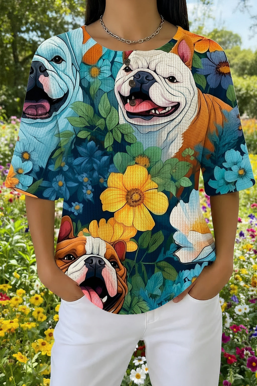 Dog Floral Print Crew Neck Short Sleeve Waffle Knit Top