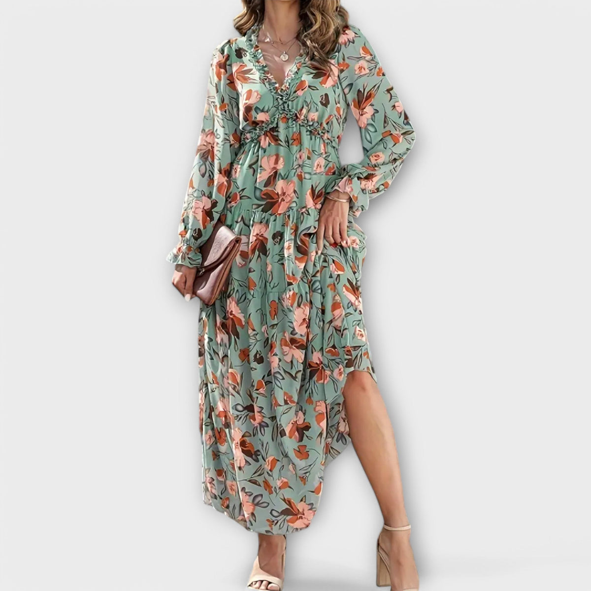 Floral V-Neck Long Sleeve Tiered Maxi Dress 2