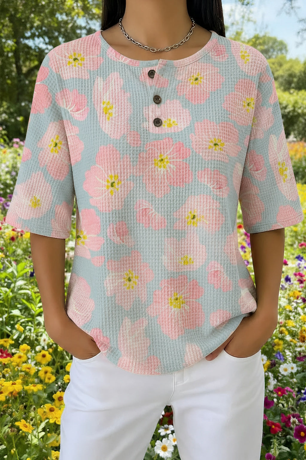 Floral Print Waffle Knit Button Henley Top