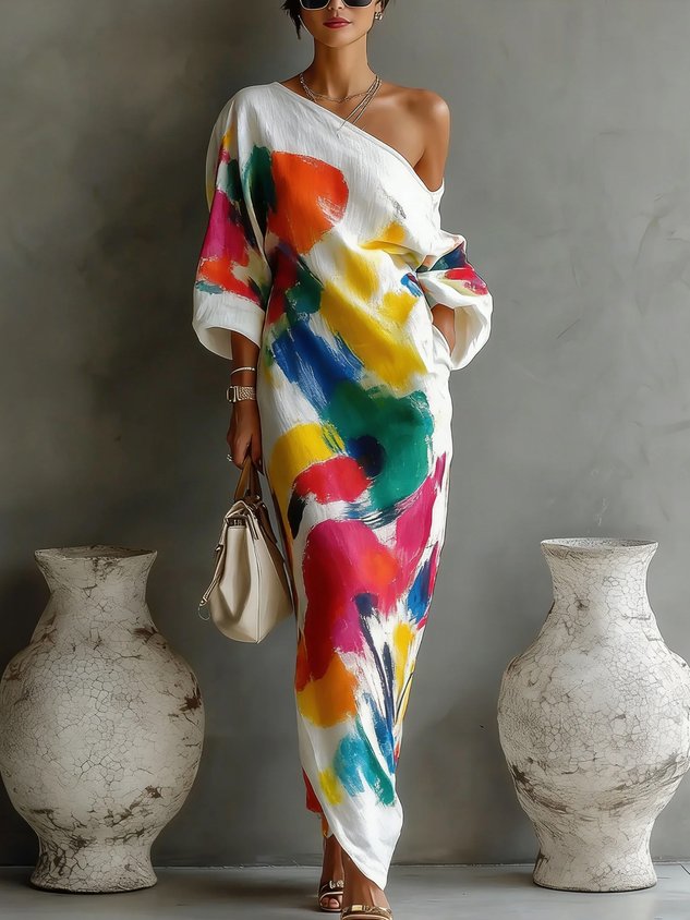 Abstract Paint Print One Shoulder Dolman Sleeve Maxi Dress 2