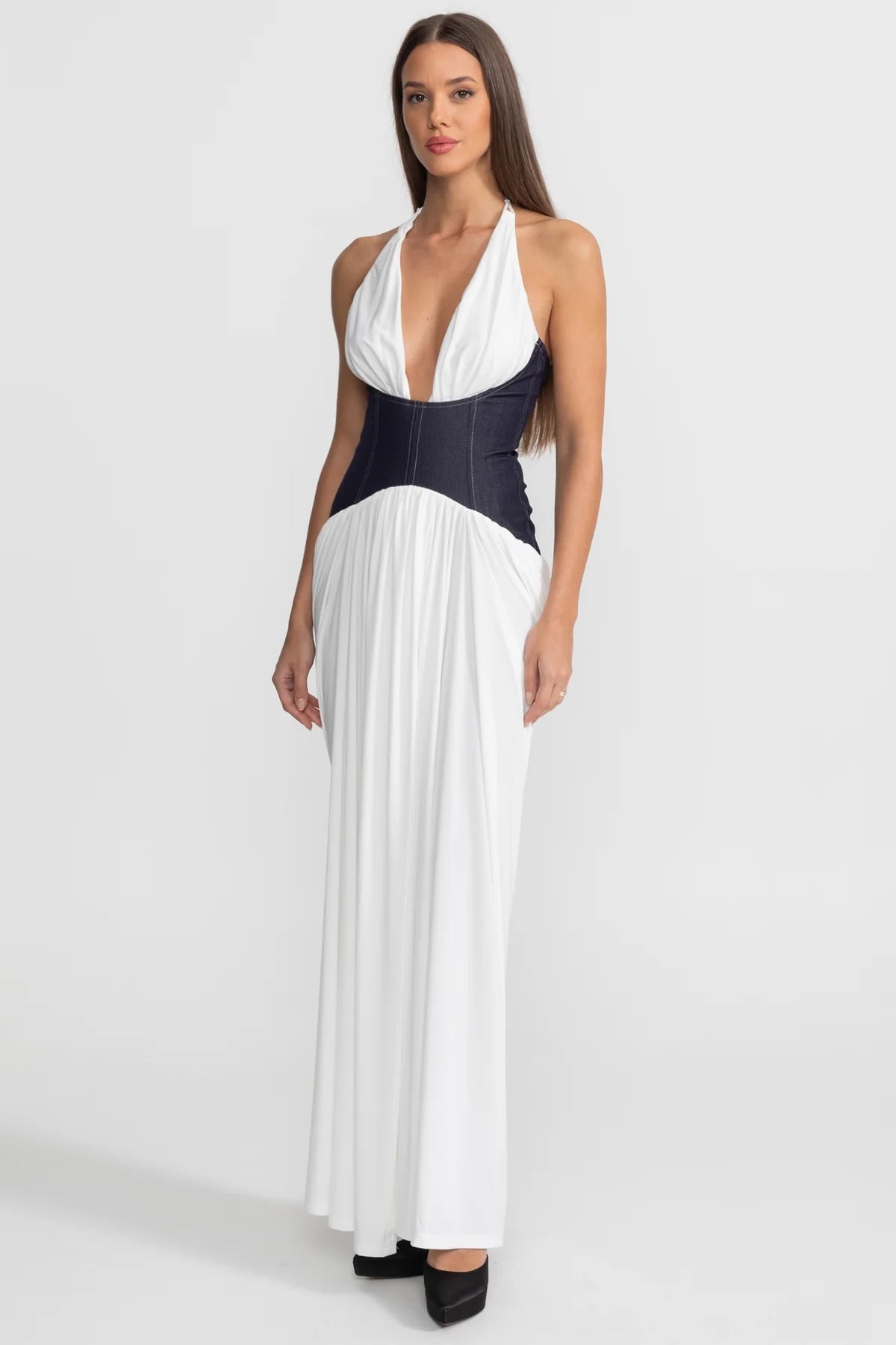 Halter Maxi Dress with Denim Corset Waist – White - View 3