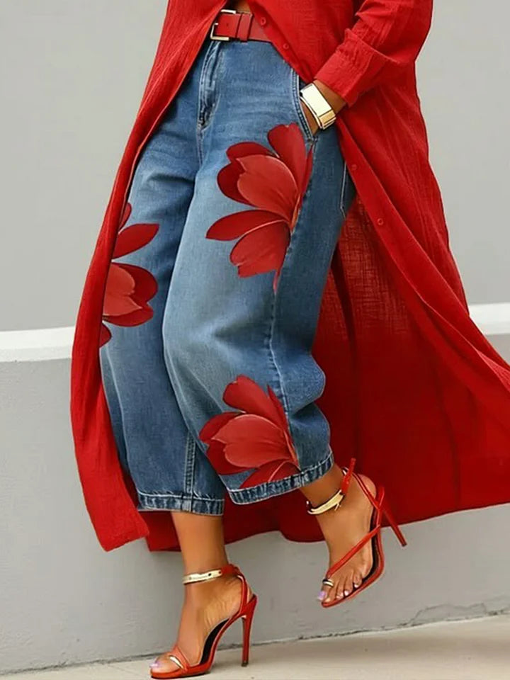 Long Sleeve Duster Shirt and Floral Wide Leg Jeans Two Piece Set 6