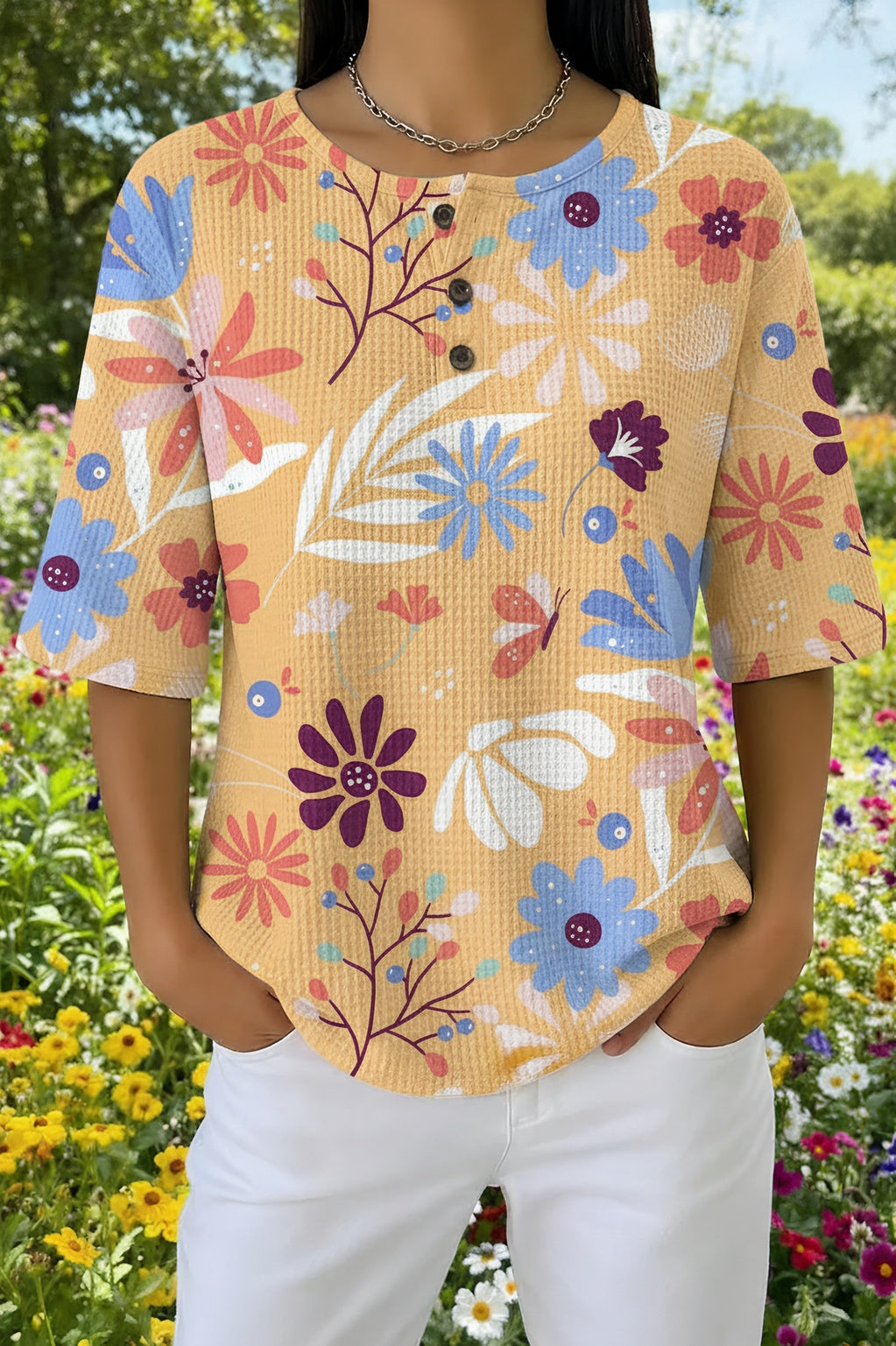 Floral Print Waffle Knit Henley Half Sleeve Top