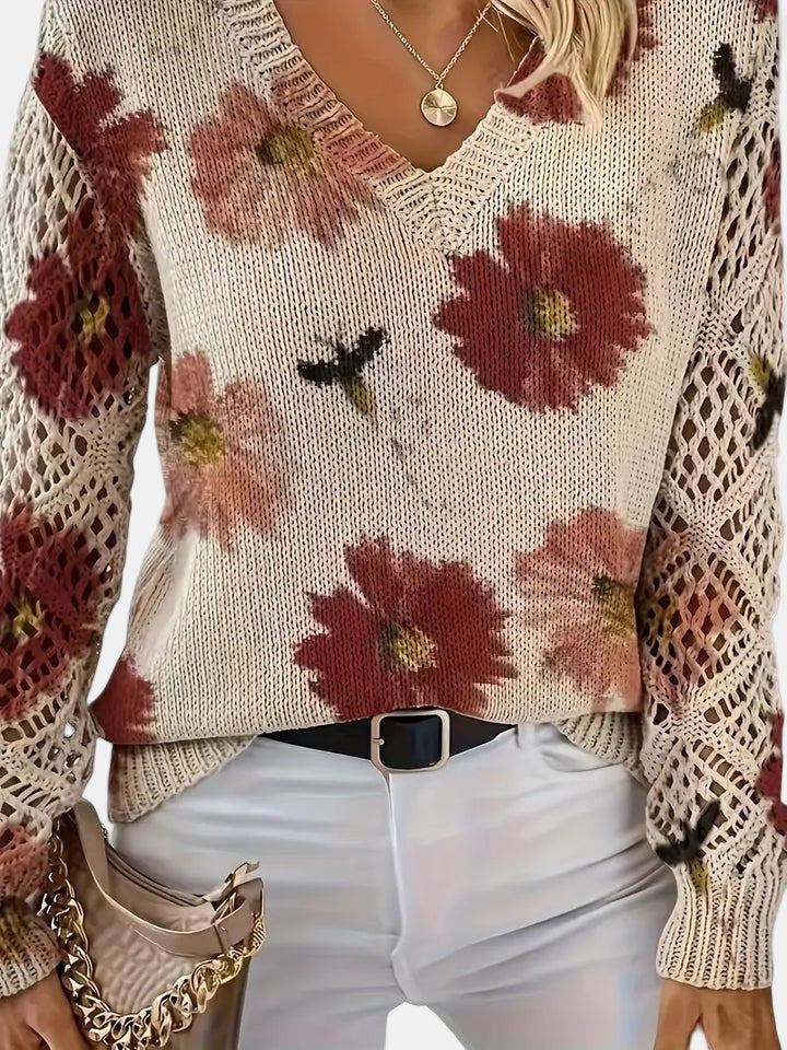 Floral V-Neck Long Sleeve Crochet Sleeve Knit Sweater 9