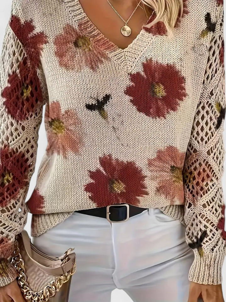 V-Neck Crochet Lace Sleeve Floral Print Long Sleeve Knit Sweater 3