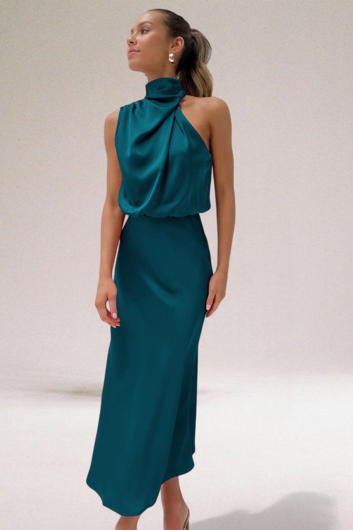 Satin High Neck One Shoulder Draped Maxi Dress 2