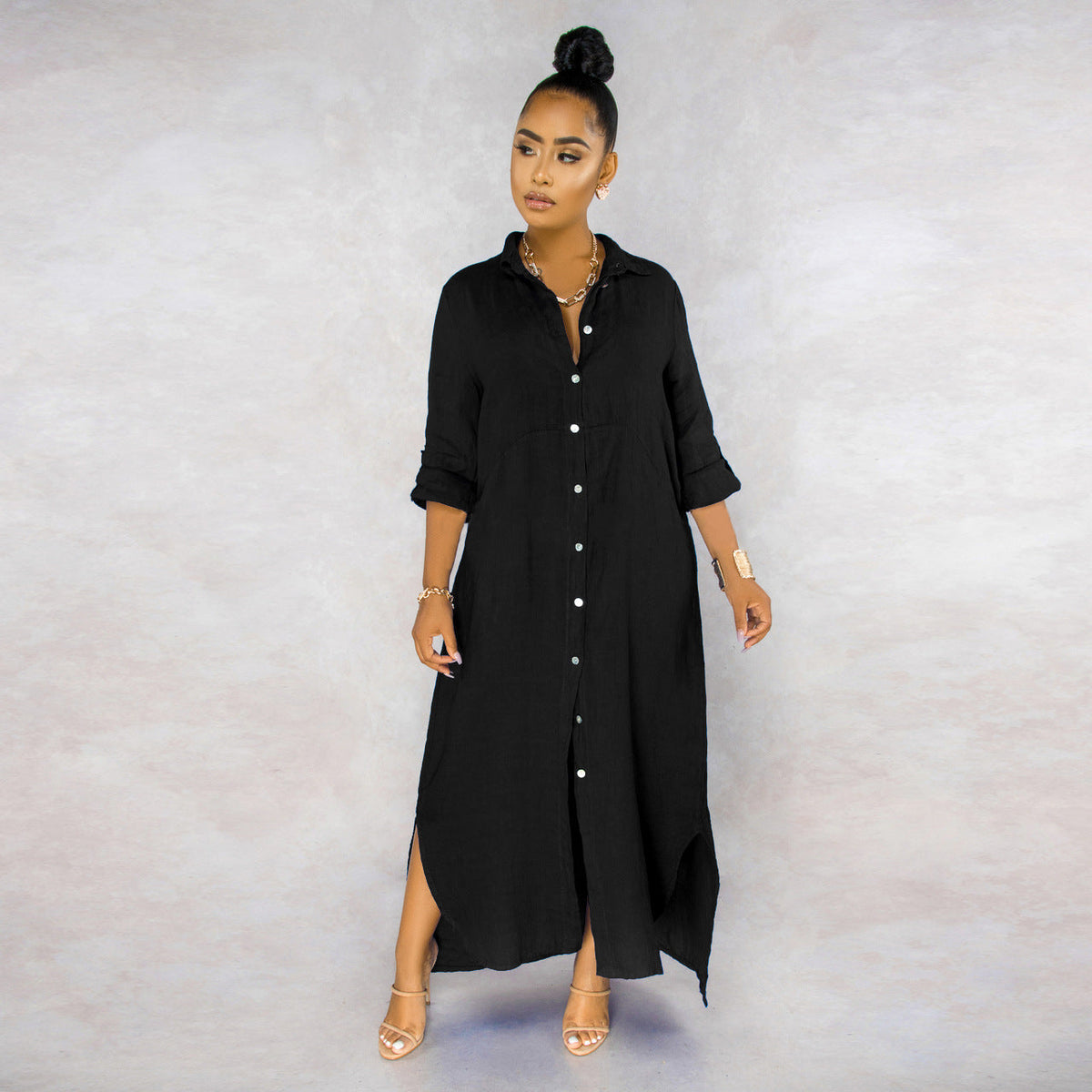 Button Down Collared Roll Tab Sleeve Box Pleat Maxi Shirt Dress - View 4