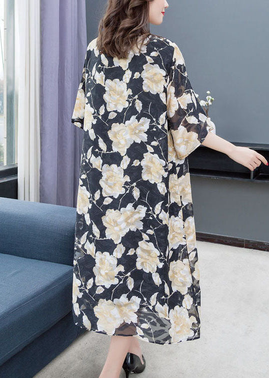 Floral Lace Trim Elbow Sleeve Round Neck Shift Midi Dress - View 5