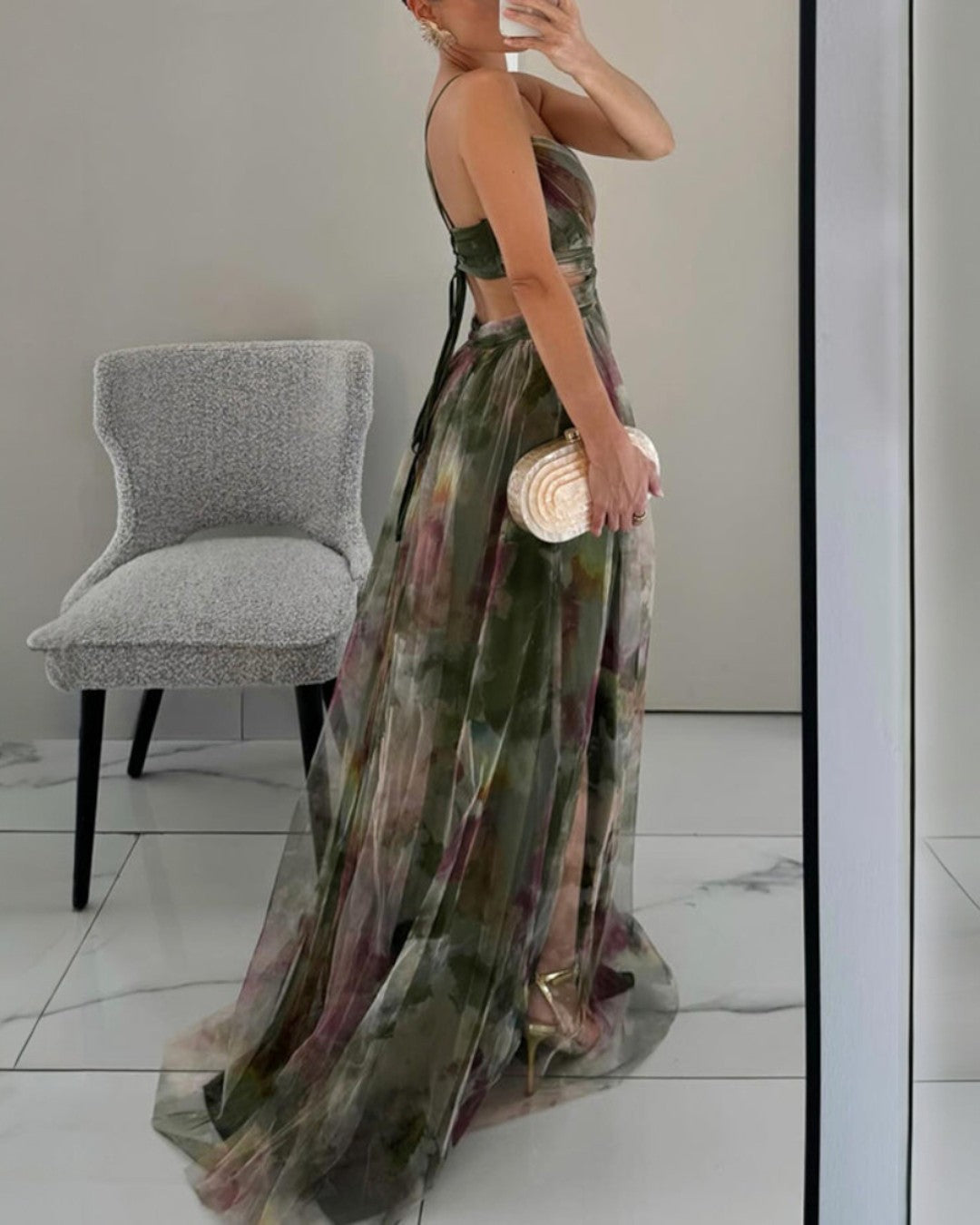Watercolor Floral Print V-Neck Spaghetti Strap Flowy Maxi Dress 8