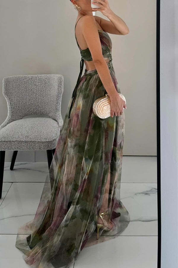 Floral Print Tulle V-Neck Spaghetti Strap High Split Maxi Gown 9