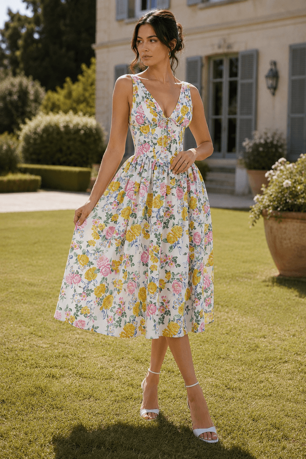 Floral Deep V-Neck Ruched Bodice Fit and Flare Midi Dress 2