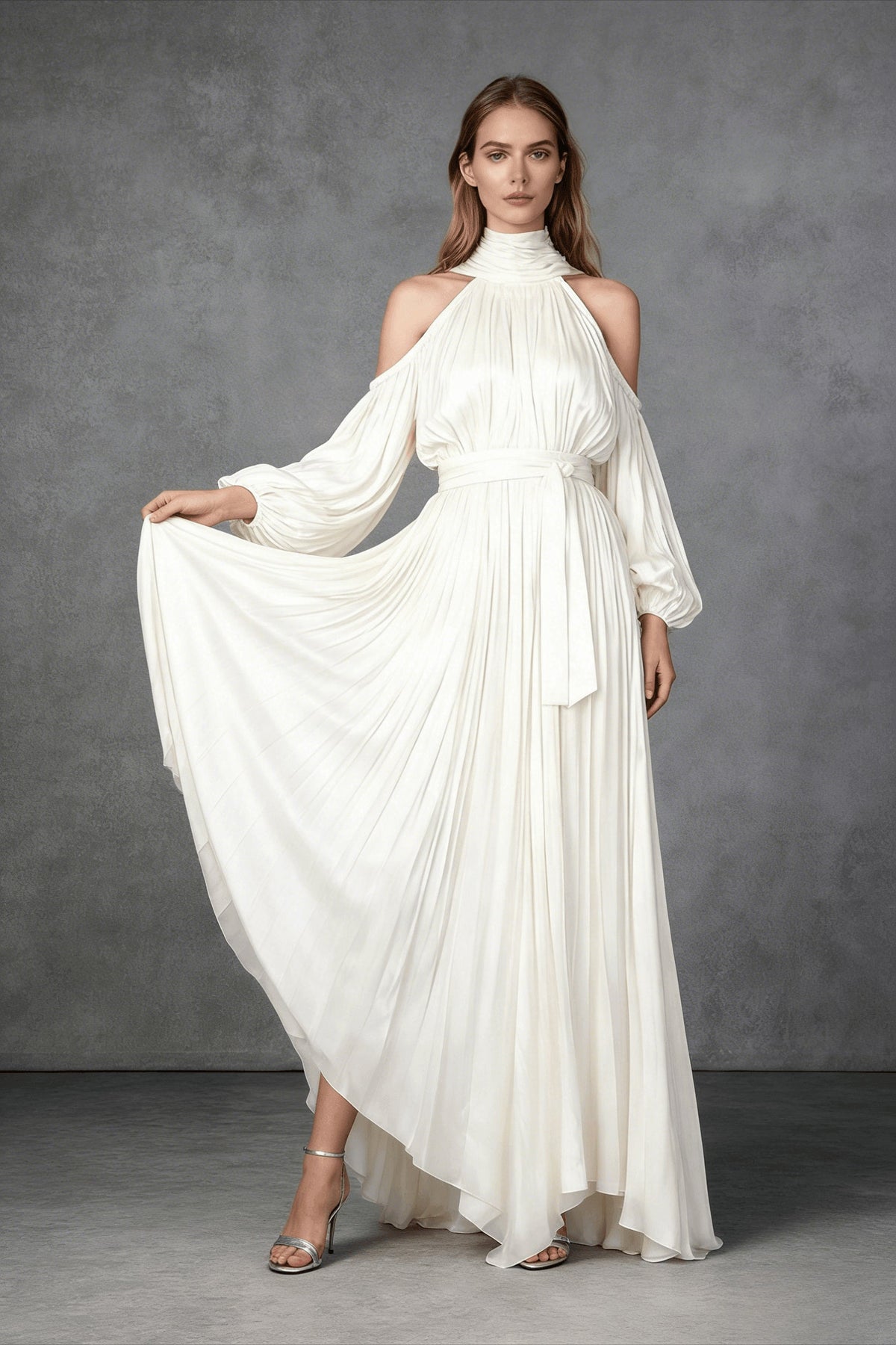 High Neck Cold Shoulder Balloon Sleeve Pleated High Low Maxi Dress 3