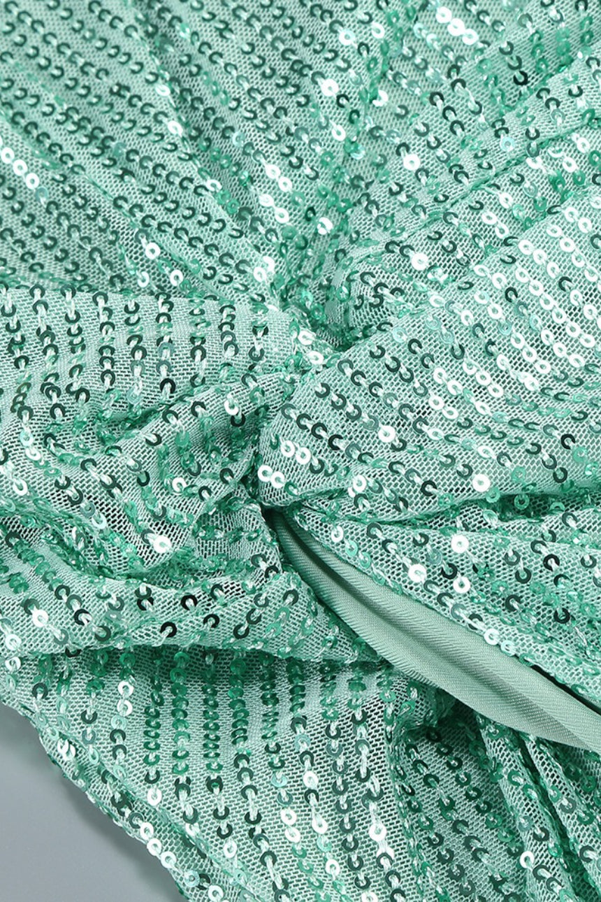 Sequin Spaghetti Strap Ruched High Split Mermaid Maxi Gown - View 4