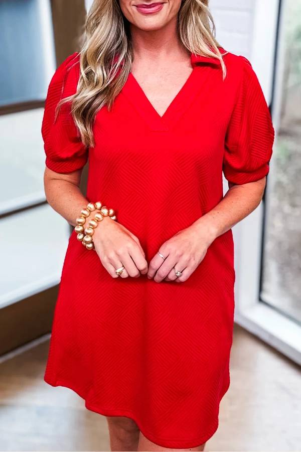 V-Neck Puff Sleeve Structured Mini Dress
