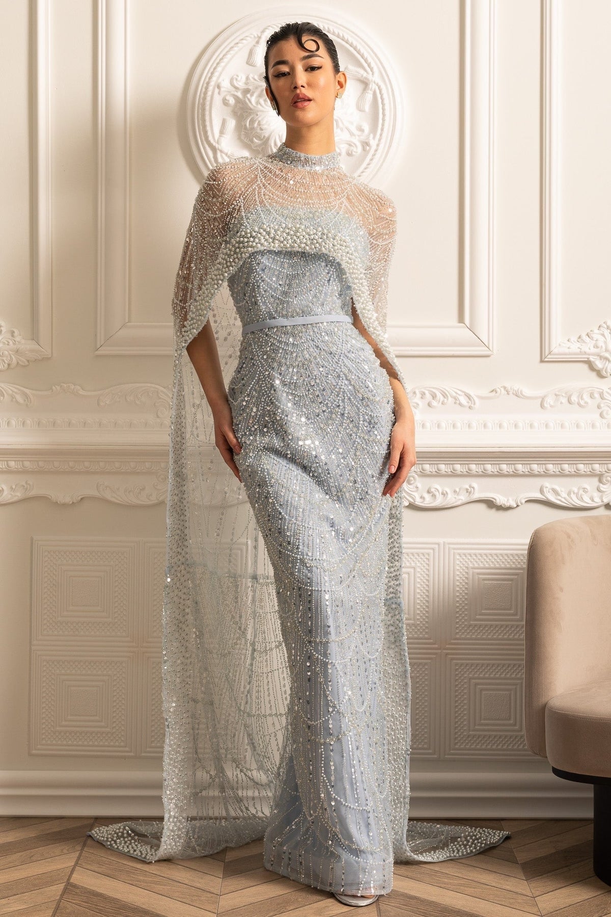 Pearl Chest Band Beaded Mesh Cape Overlay Column Maxi Gown