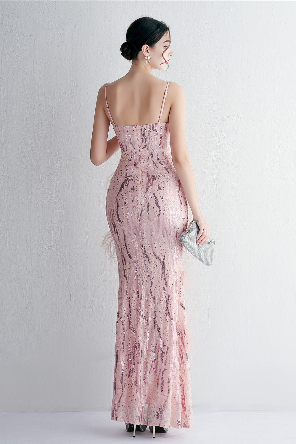 Sequin Deep V-Neck Spaghetti Strap Feather High Split Gown - View 6