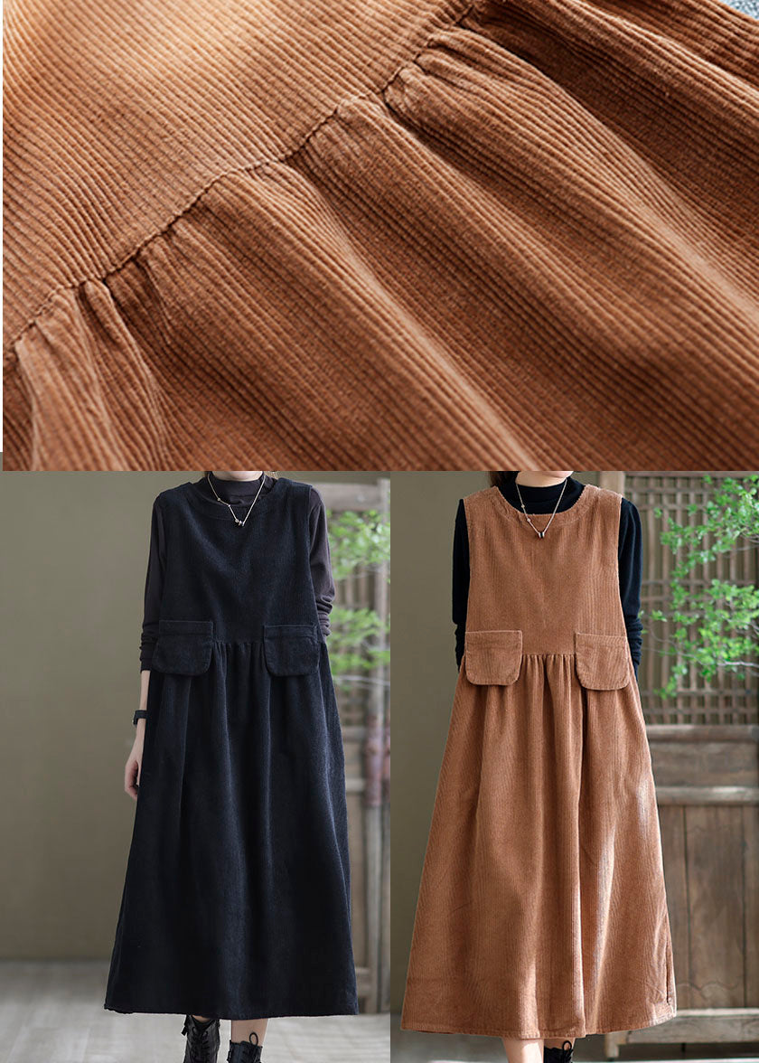 Corduroy Sleeveless Round Neck Flap Pocket A-Line Midi Dress - View 5