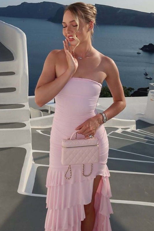 Ruffled Ruching Tiered High Slit Strapless Waist Cinched