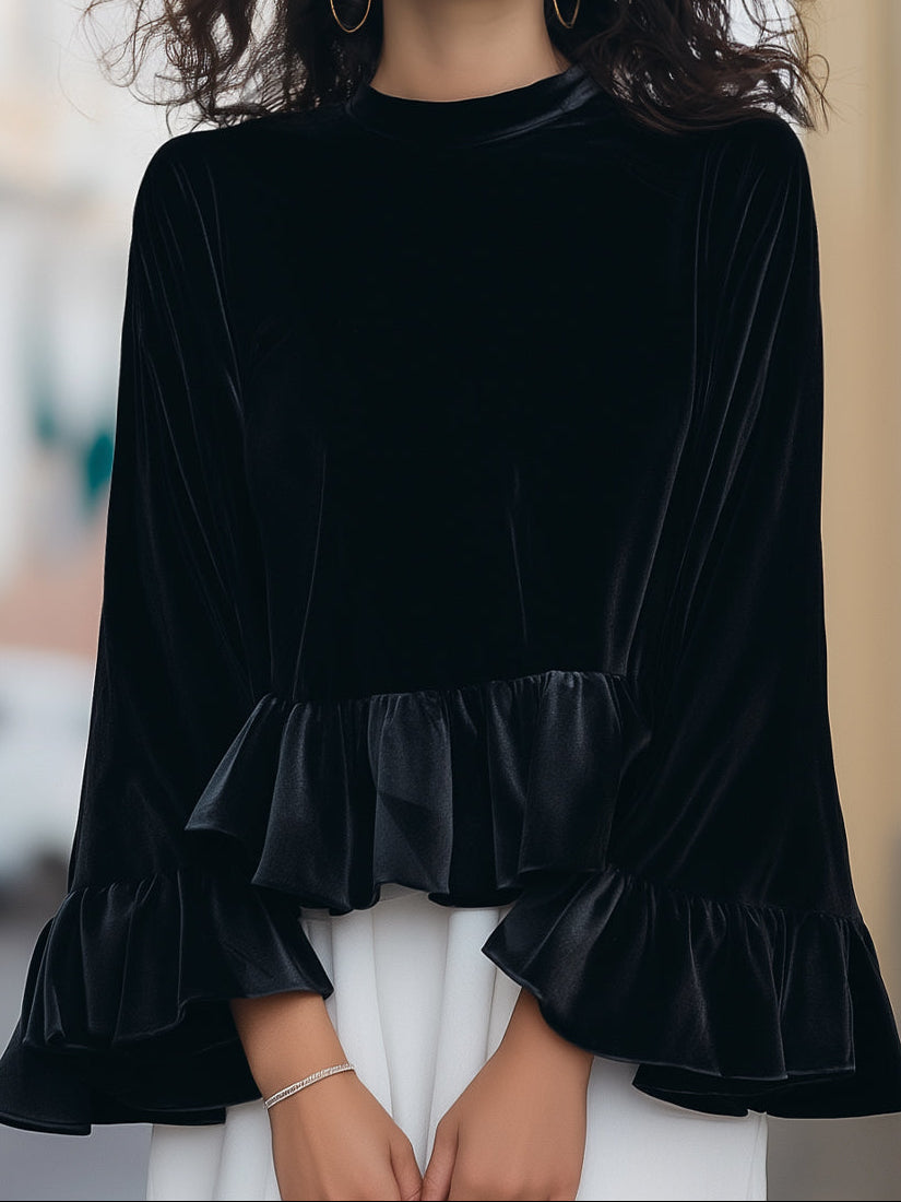 Mock Neck Bell Sleeve Ruffle Hem Velvet Top