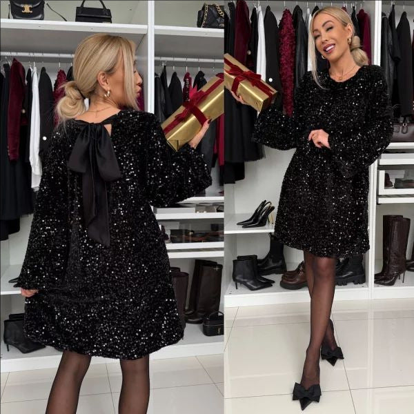 Sequin Long Bell Sleeve Satin Bow Back Keyhole Shift Mini Dress