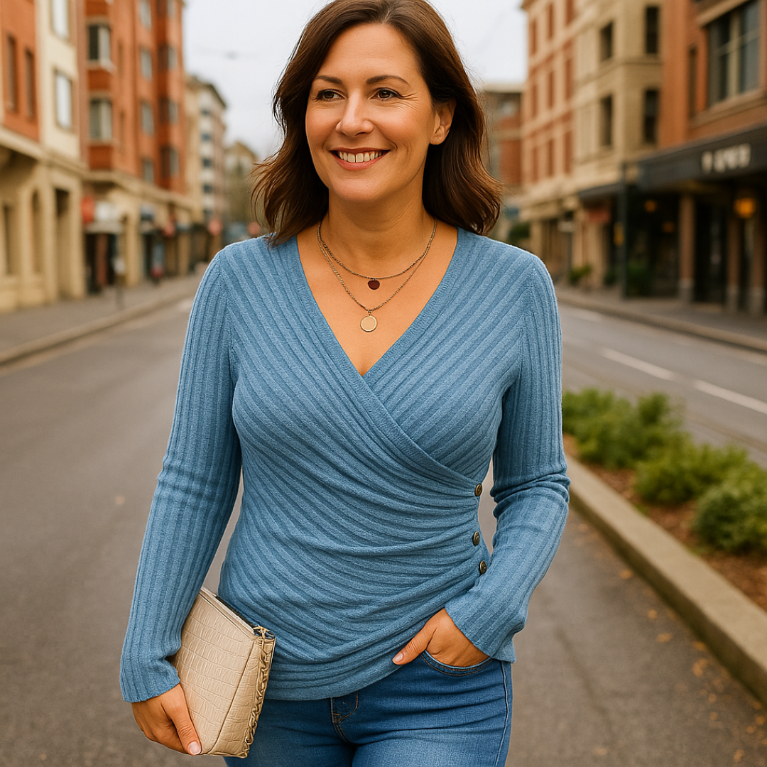 Ribbed Knit Wrap V-Neck Long Sleeve Ruched Top 9