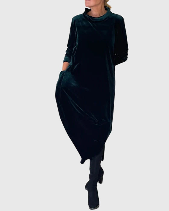 Velvet Mock Neck Long Sleeve Cocoon Midi Dress