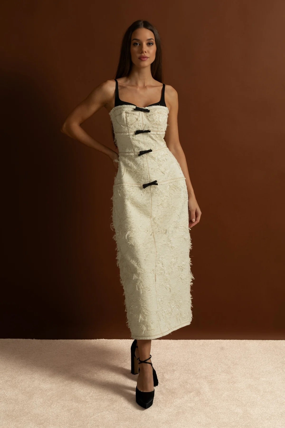 Tweed Sweetheart Layered Inner Bodice Beaded Strap Bow Midi Dress - View 2