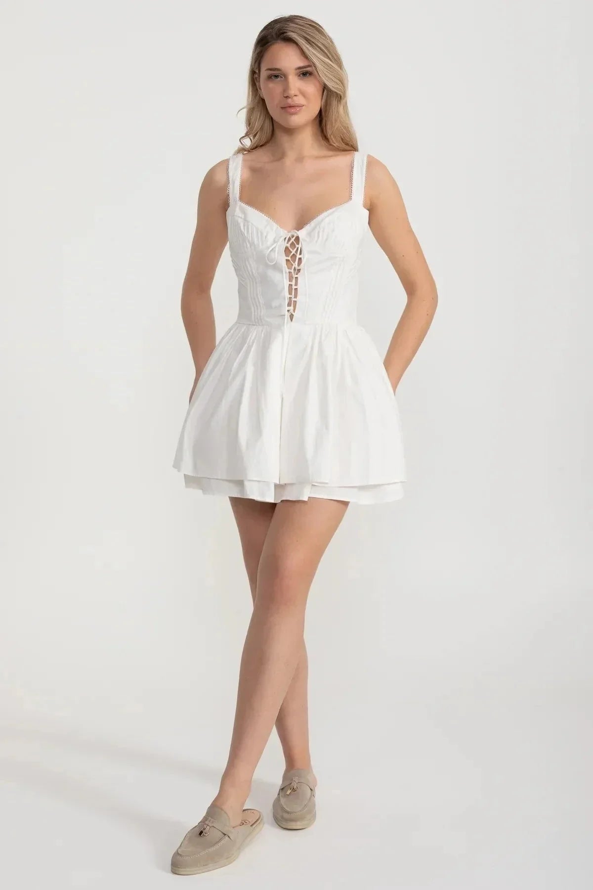 Corset Style Sleeveless Dress With Lace-Up Front Detailing - White - View 3
