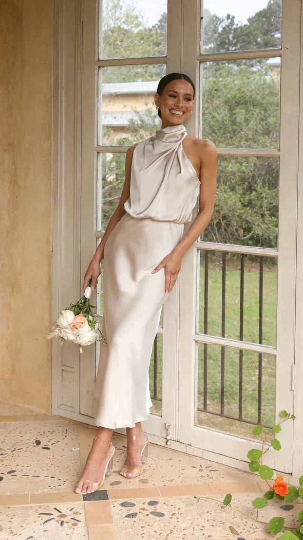 Satin Halter Neck Cowl Draped Blouson Midi Dress