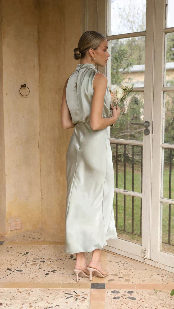 Satin Halter Neck Cowl Draped Blouson Midi Dress - View 4