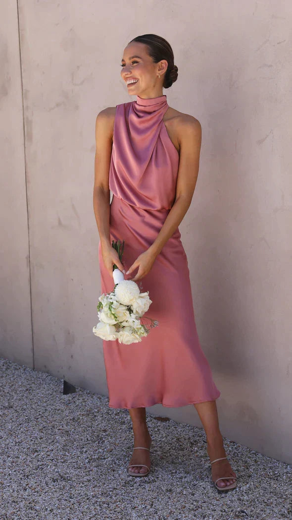Satin Halter Neck Cowl Draped Blouson Midi Dress - View 6