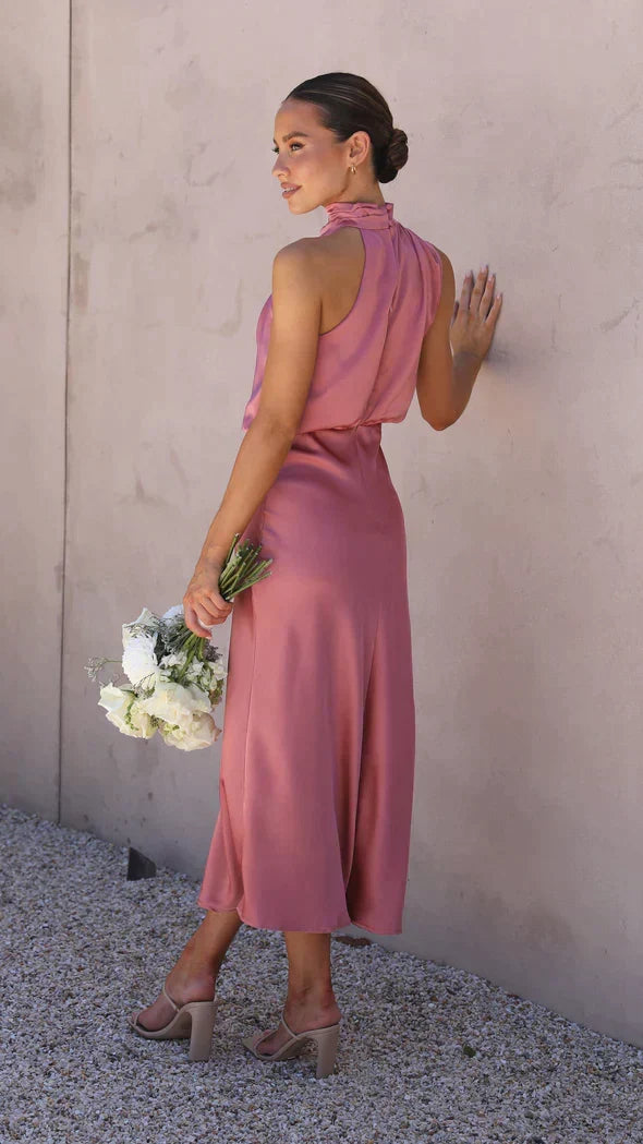 Satin Halter Neck Cowl Draped Blouson Midi Dress - View 7