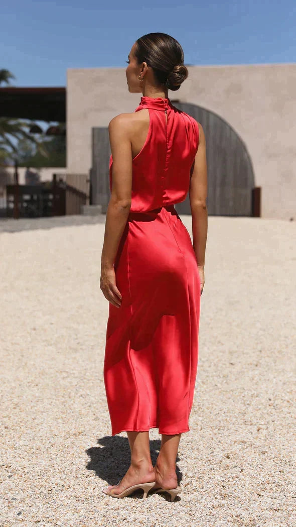 Satin Halter Neck Cowl Draped Blouson Midi Dress - View 9