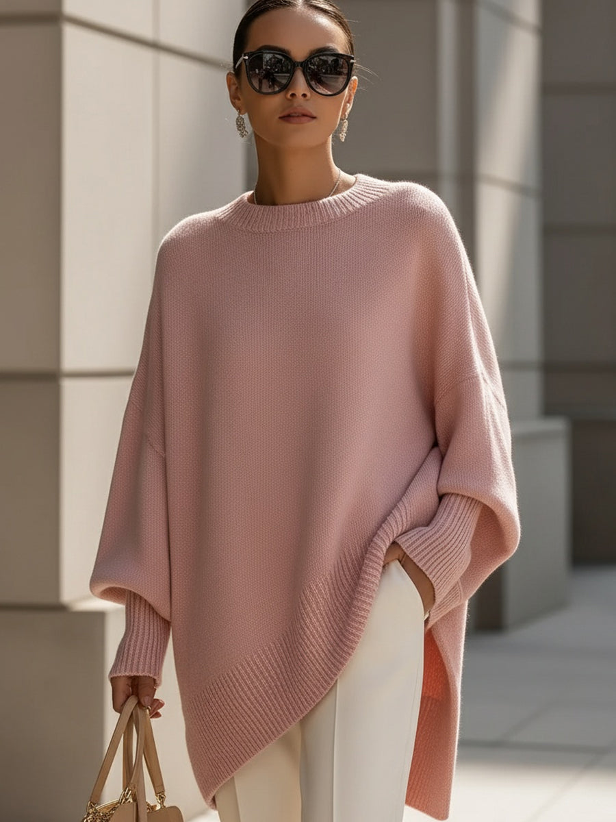 Mock Neck Oversized Asymmetric Hem Ribbed Poncho Sweater 10