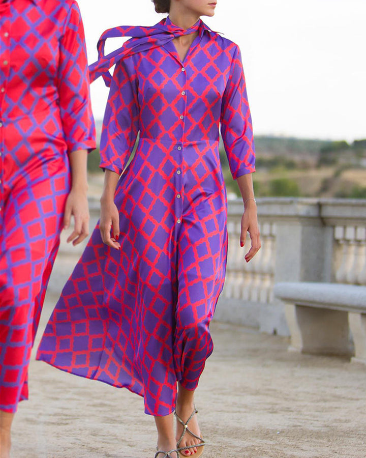 Geometric Print V-Neck Collared Button Front Maxi Shirt Dress - View 3
