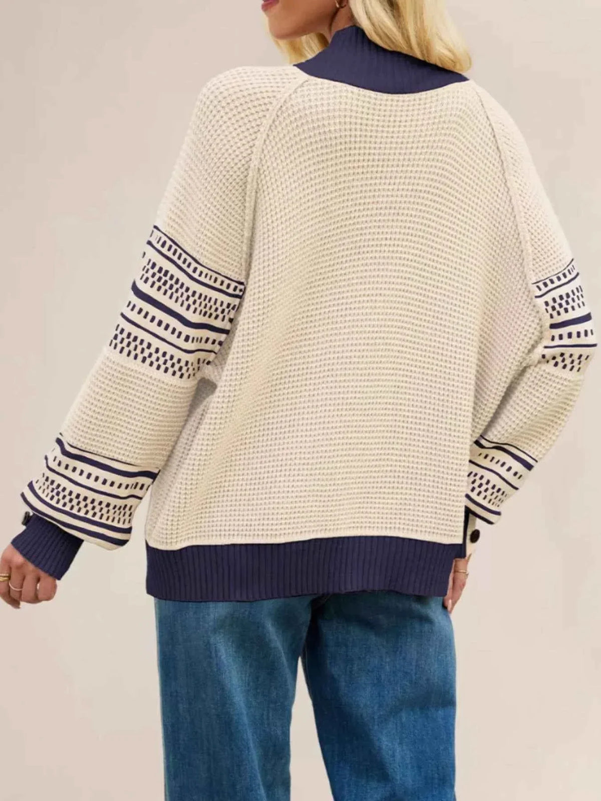 Color-Block Mock Neck Waffle Knit Sweater