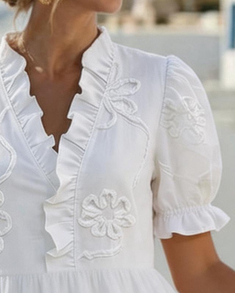 Floral Embroidered Ruffle Neck Puff Sleeve Tiered Midi Dress 4