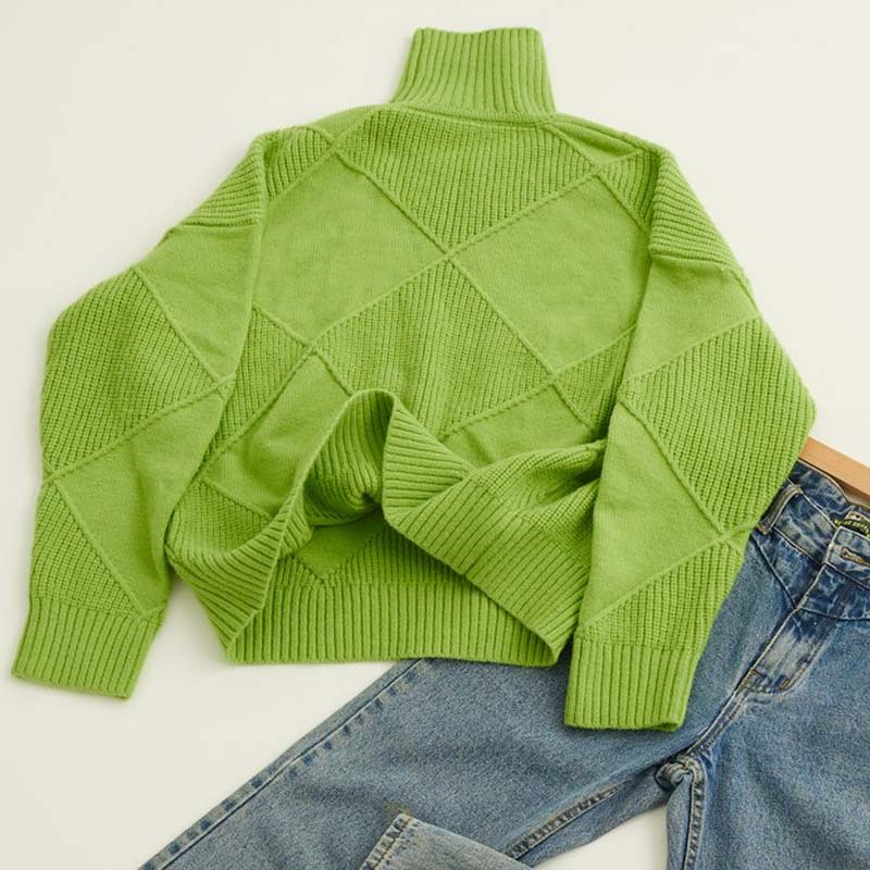 Turtleneck Long Sleeve Diamond Textured Knit Sweater 5